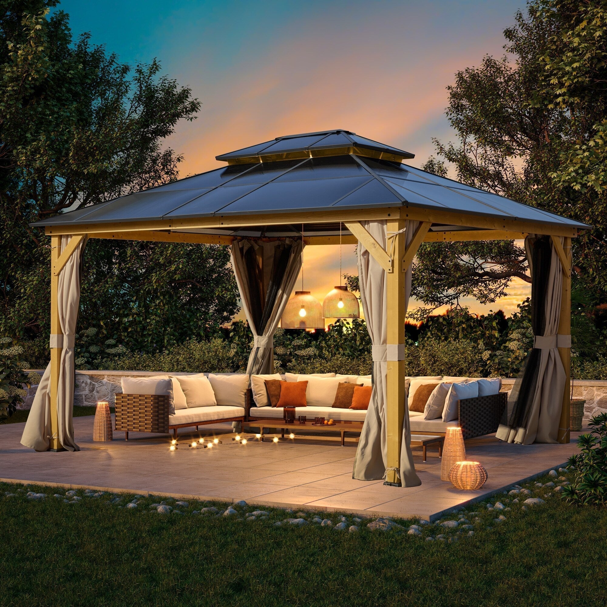 Tonnelle EROMMY à toit rigide, pergola extérieure avec double toit, moustiquaire et rideaux, auvent robuste pour patio, jardin, fête au bord de la piscine