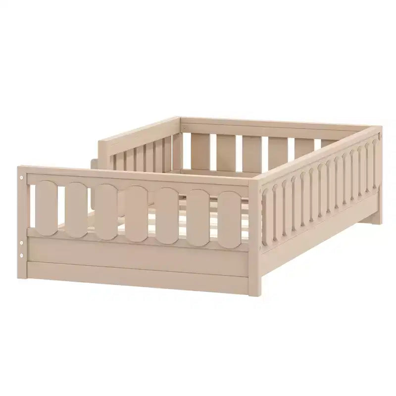 Cadre de lit plateforme pour enfant, tailles jumeau et double, avec barrière de sécurité, étagères intégrées et rangements