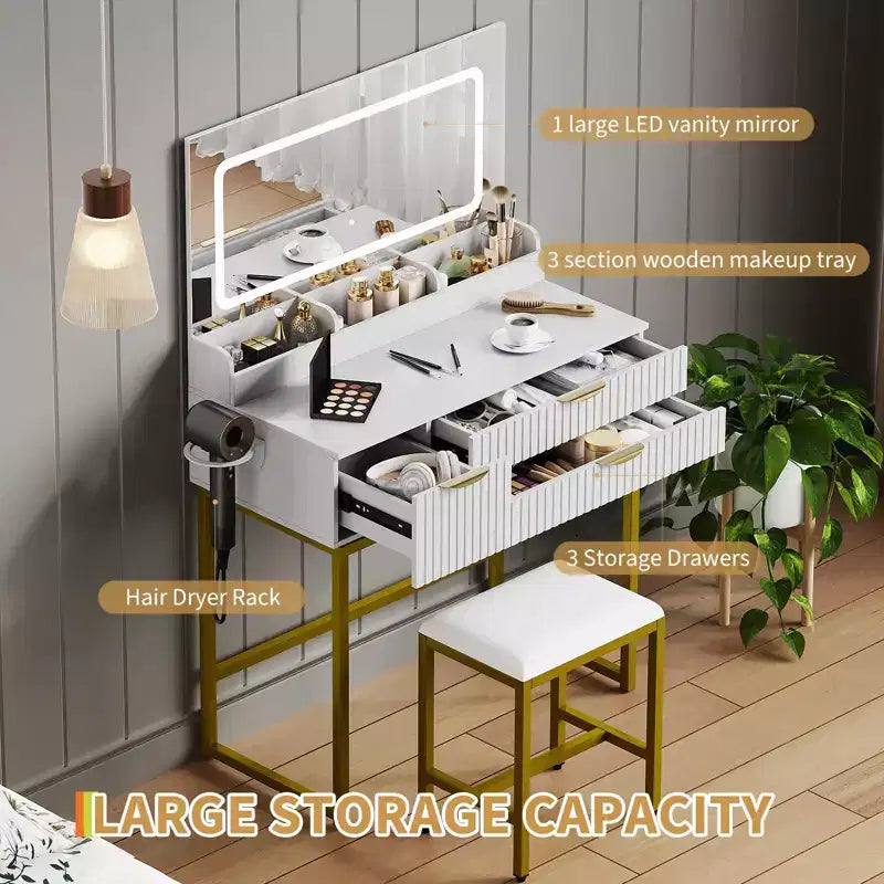 Coiffeuse avec miroir et lumières, miroir lumineux à LED, tiroirs de rangement spacieux pour produits cosmétiques et articles de toilette