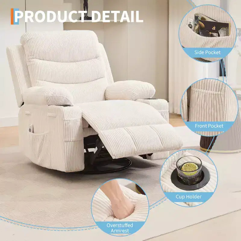 Fauteuil Inclinable Pivotant avec Massage et Chaleur, Fauteuil à Bascule 360° avec Porte-Gobelets et Poches Latérales, Canapé Ergonomique pour Salon, Camping-car, Chambre de Bébé