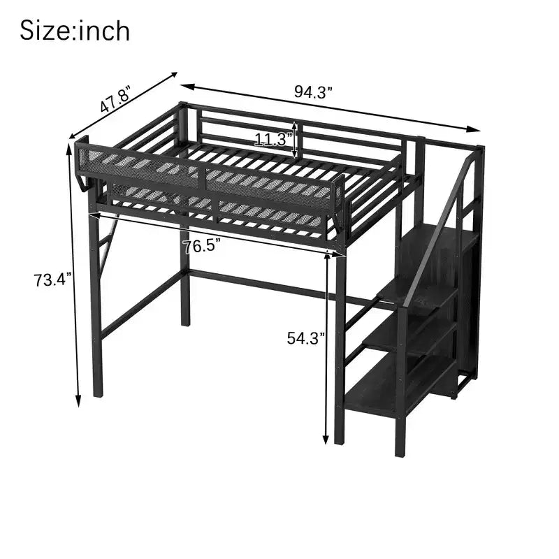 Lit mezzanine jumeau Okak 94IN avec armoire, lit jumeau avec étagères de rangement et panier, cadres de lit pour chambre à coucher, dortoir