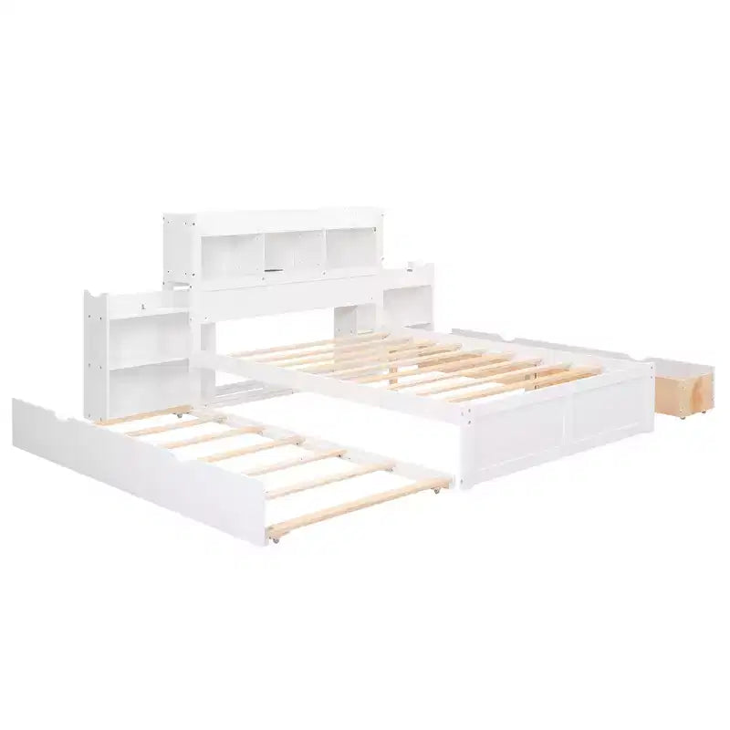 Lit plateforme complet avec lit gigogne, tête de lit bibliothèque et station de recharge, cadre de lit double en bois avec étagères et tiroirs