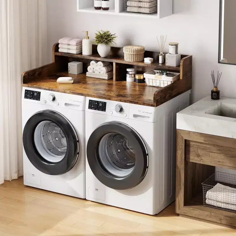 Comptoir de lave-linge et sèche-linge à 2 niveaux avec étagère ou tiroirs, couvercle de comptoir de buanderie avec coussin antidérapant, 54x27,5 - Dessus de lave-linge pour plier les vêtements