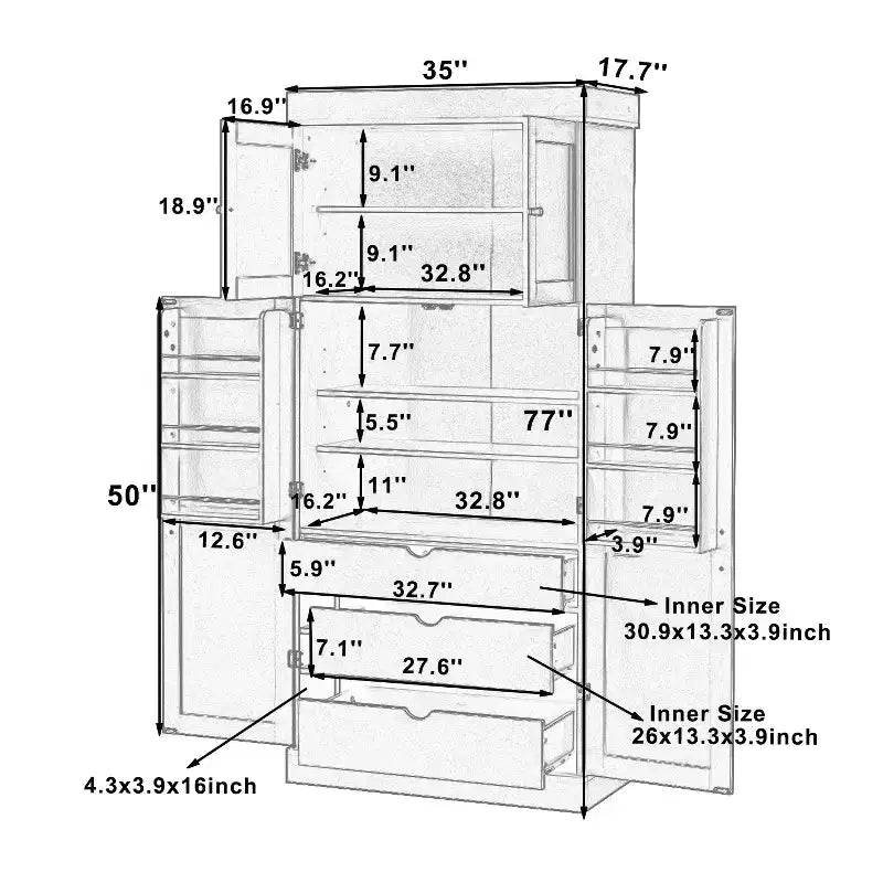 Garde-manger de cuisine autoportant 77H, armoire de rangement de style ferme avec étagères réglables, étagères de porte, tiroirs et casiers à vin - ModernLuxe