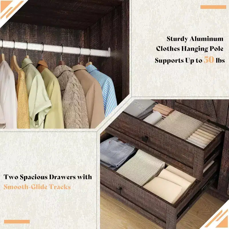AMERLIFE Armoire de garde-robe de ferme 47 avec 3 portes, 2 tiroirs, tringle à vêtements et étagères réglables, organisateur de placard autoportant