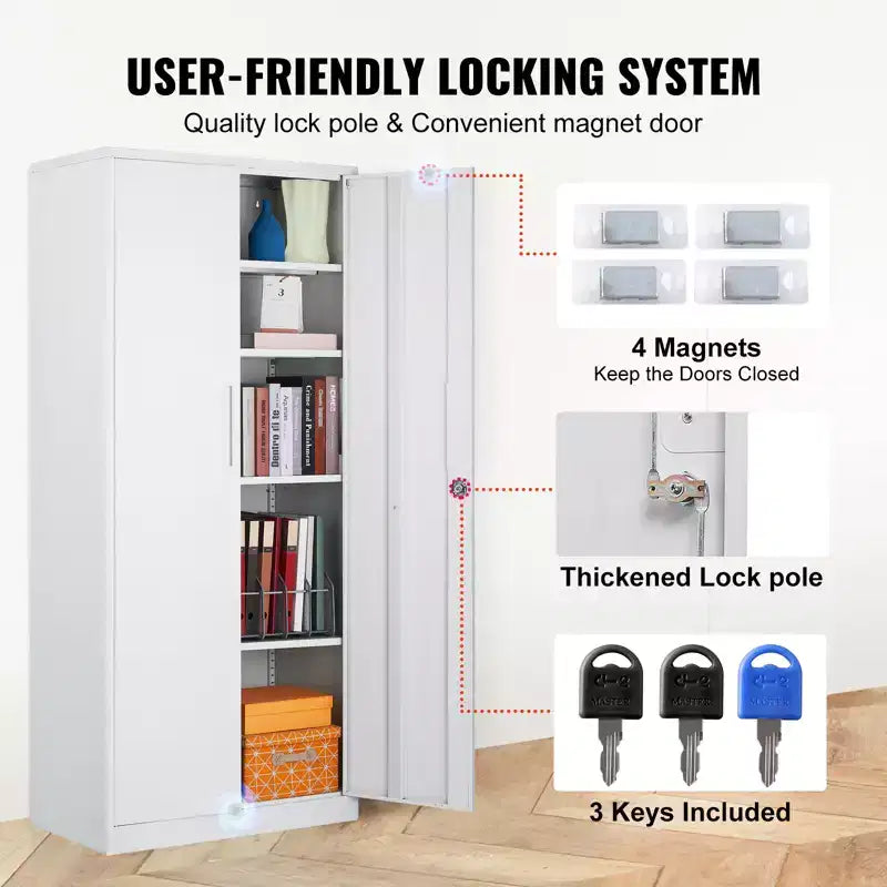 Armoire de rangement en métal VEVOR, armoire de rangement en acier verrouillable avec 2 portes magnétiques et 4 étagères réglables, armoire métallique de 71'' de capacité 200 lbs, blanche