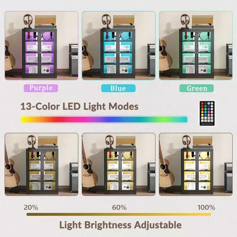 Meuble de rangement pour médias Bekrvio Metal, meuble stéréo à 4 niveaux avec portes en verre et étagères réglables, support audio AV avec gestion des câbles