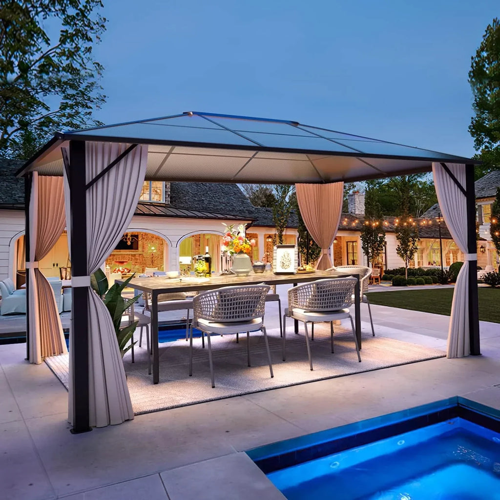 Tonnelle EROMMY à toit rigide, pergola extérieure avec double toit, moustiquaire et rideaux, auvent robuste pour patio, jardin, fête au bord de la piscine
