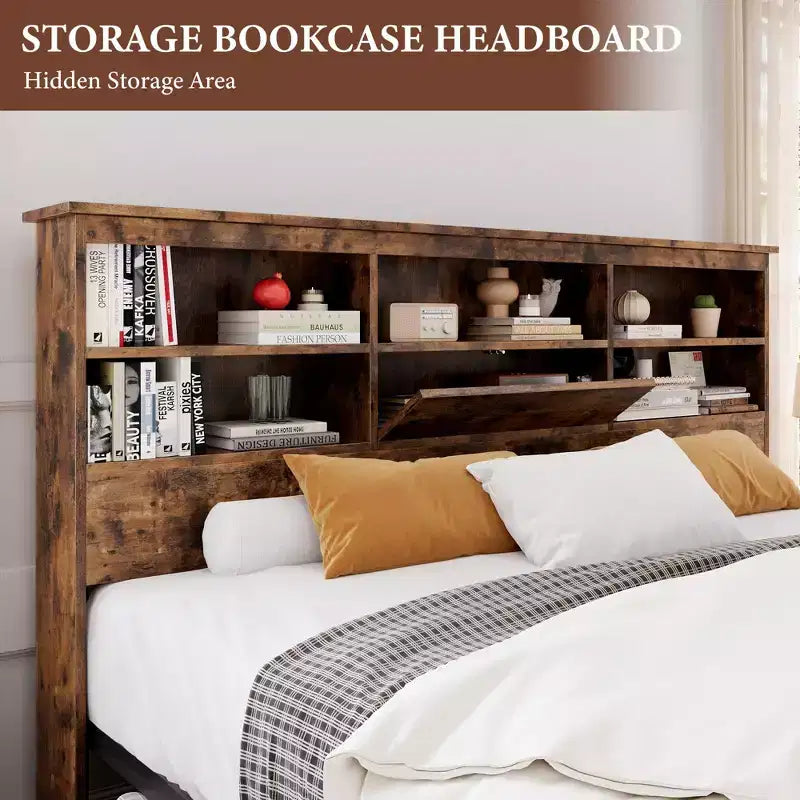 Cadre de lit complet avec tête de lit de rangement, cadre de lit en bois avec 4 tiroirs, bibliothèque de rangement et lit plateforme King Size avec support métallique robuste