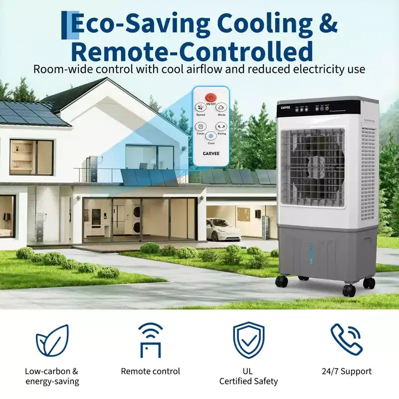 Refroidisseur d'air évaporatif avec réservoir d'eau, 4 pains de glace, 3 vitesses, oscillation à 120°, télécommande et minuterie 12h, 150W Portable sur pied