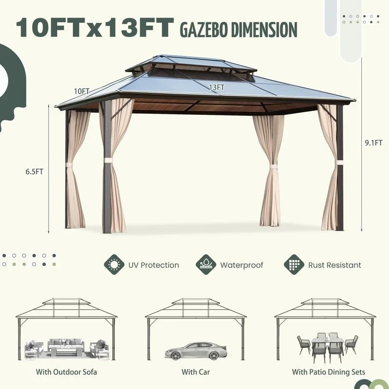 Tonnelle EROMMY à toit rigide, pergola extérieure avec double toit, moustiquaire et rideaux, auvent robuste pour patio, jardin, fête au bord de la piscine