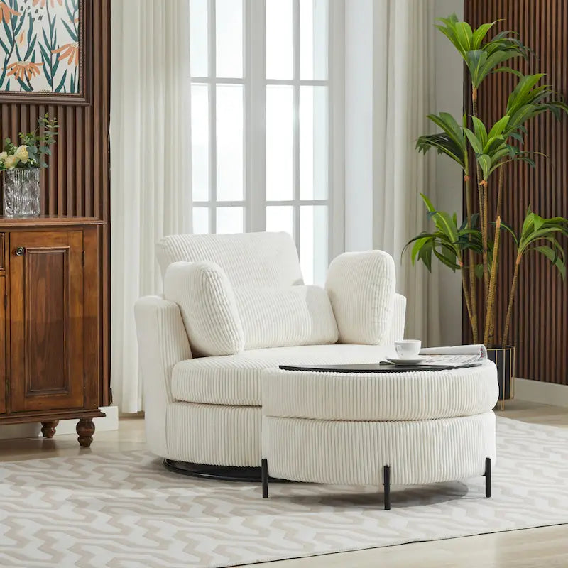 Fauteuil d'appoint pivotant rembourré 42,3 W avec 4 oreillers et pouf de rangement demi-lune
