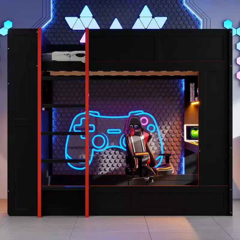 Lit superposé de jeu en bois pleine grandeur avec bureau intégré, étagères de rangement, lumières LED 7 couleurs et station de charge, noir - ModernLuxe