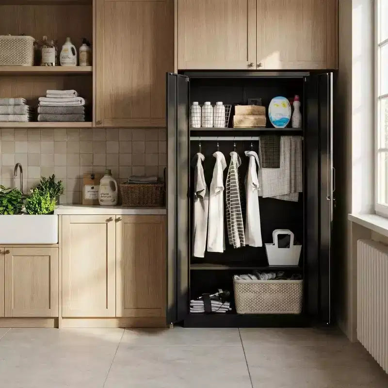 Armoire penderie en acier robuste de 183 cm avec serrure, armoires de rangement de garage en métal, armoire de rangement en métal pour la maison, la chambre, le bureau, le placard