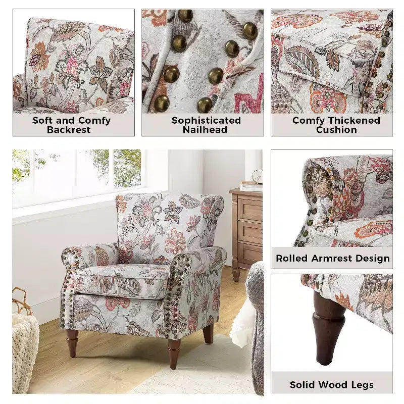 Fauteuil en bois traditionnel Araceli, rembourré à motifs floraux, avec dossier à oreilles et garniture cloutée | ART OF LIVING DESIGNS
