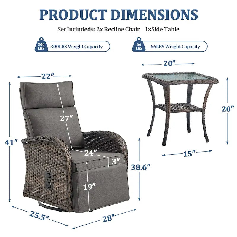 Pocassy 3 PCS Fauteuil inclinable d'extérieur polyvalent avec table d'appoint Coussin gris