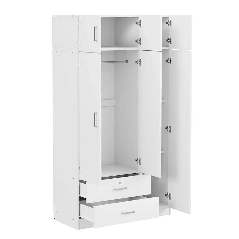 Armoire penderie miroir 3 portes avec 2 tiroirs et meuble haut