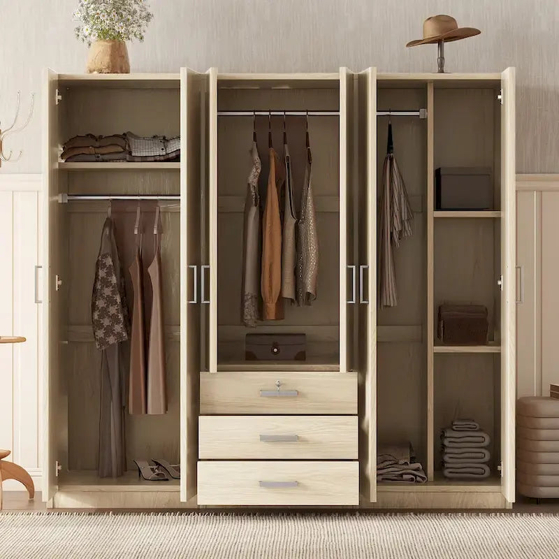 Armoire 6 portes en bois avec 3 grands tiroirs de rangement pour chambre à coucher