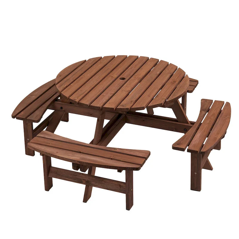 Ensemble de salle à manger rond en bois de sapin pour patio extérieur 8 personnes avec 4 bancs intégrés et trou pour parasol