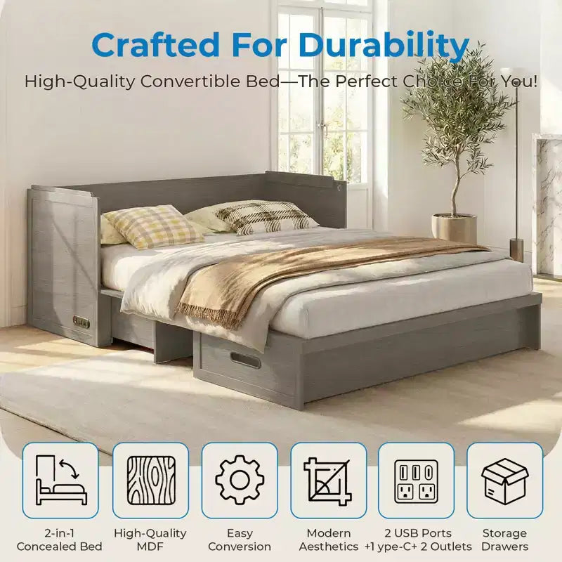 Lit escamotable convertible Queen Size Mjkone avec matelas, chargement USB, tiroirs de rangement