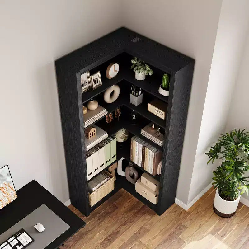 Noir/Blanc/Bois/Rétro, Bibliothèque d'angle en L, 5 niveaux, Simple