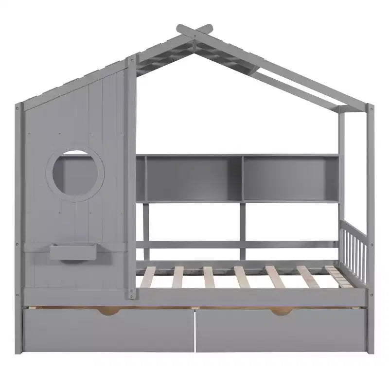 Lit cabane en bois double/complet avec 2 tiroirs, lit pour enfants avec étagère de rangement - ModernLuxe