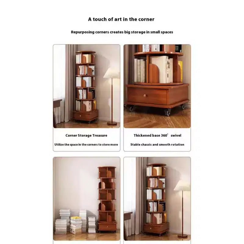 Bibliothèque d'angle pivotante à 360° Chic Crate à 6 niveaux avec roulettes, étagère étroite pour petits espaces, marron noyer