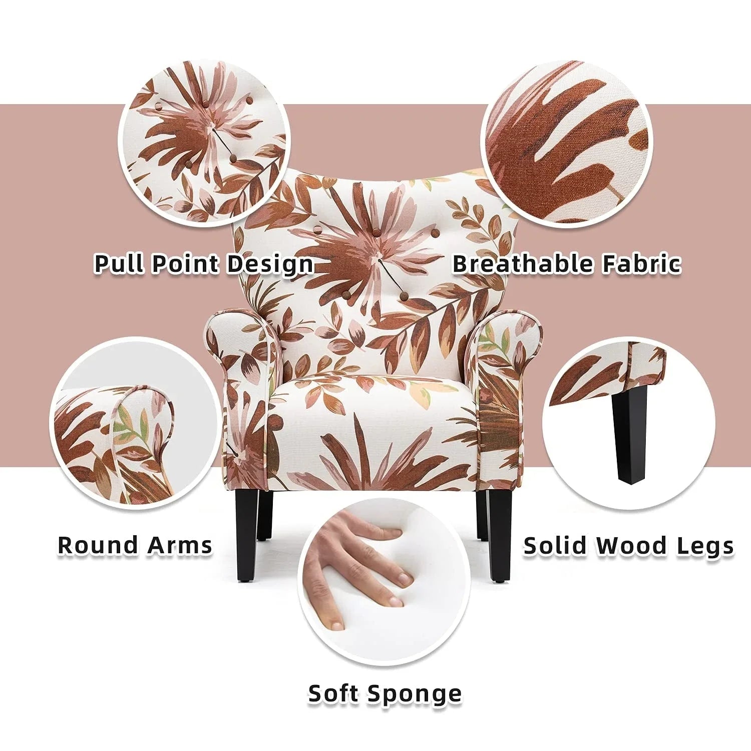 Fauteuil d'appoint moderne Erommy, fauteuil à dossier haut, canapé simple en tissu rembourré avec boutons et pieds en bois pour salon