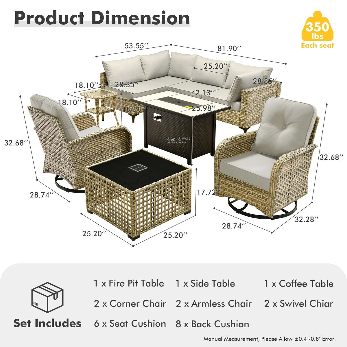 Ensemble de 9 chaises pivotantes en osier d'extérieur OVIOS avec table brasero