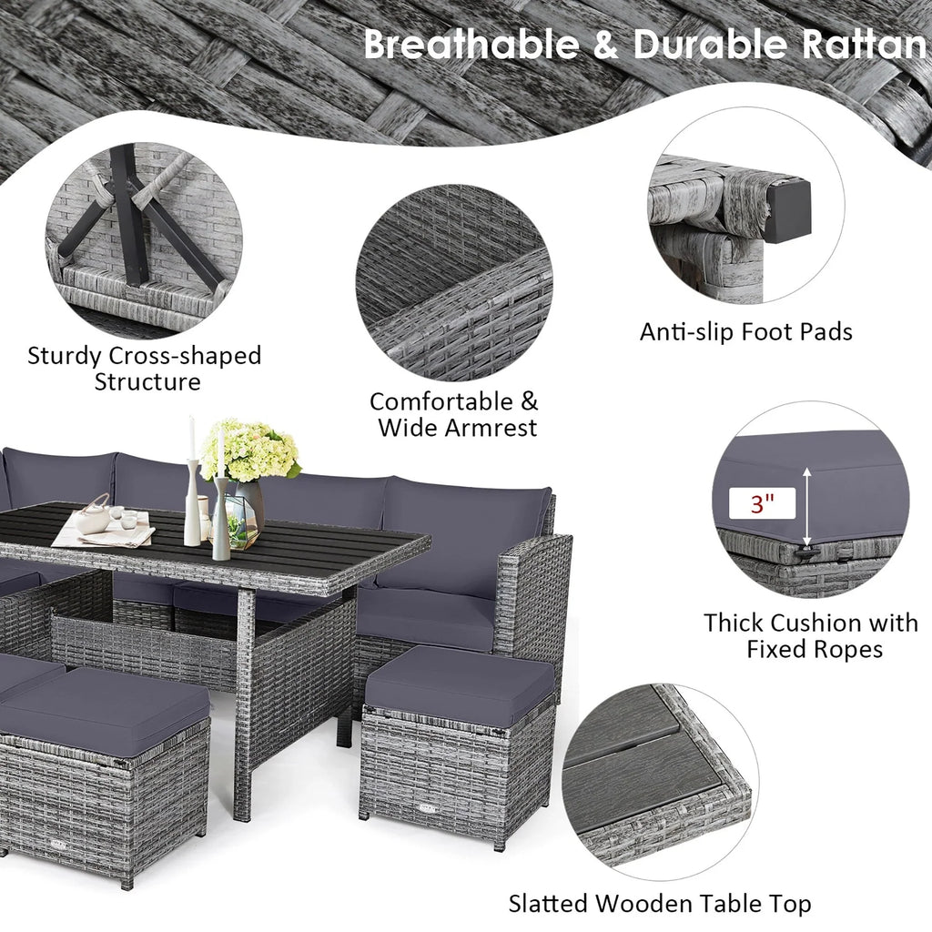 Ensemble de salle à manger Costway 7 pièces en rotin pour terrasse, canapé sectionnel et pouf - Voir détails