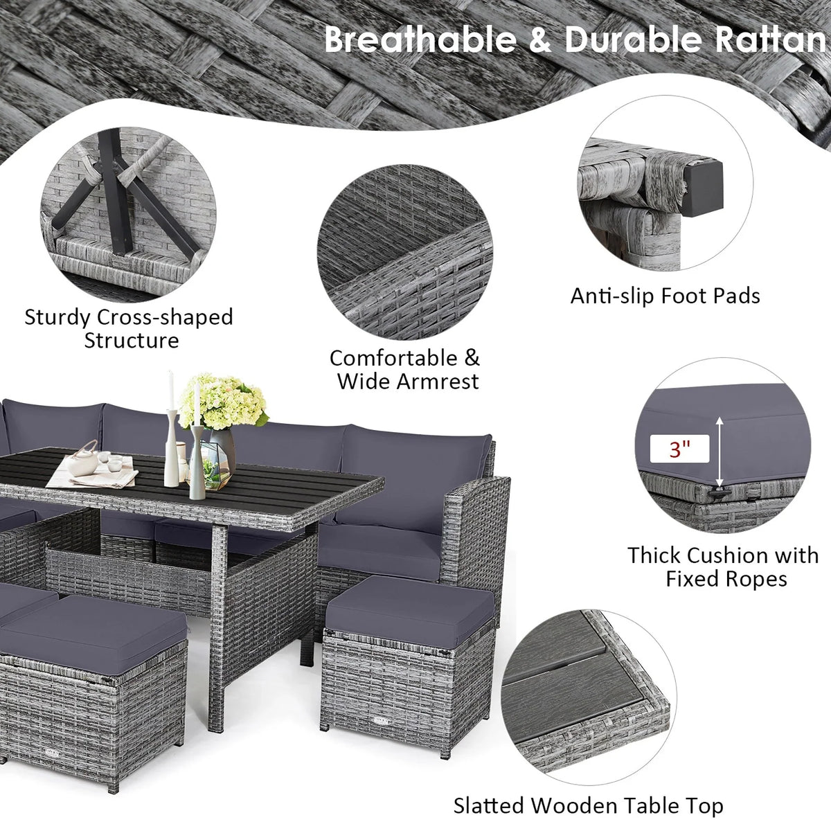 Ensemble de salle à manger Costway 7 pièces en rotin pour terrasse, canapé sectionnel et pouf - Voir détails