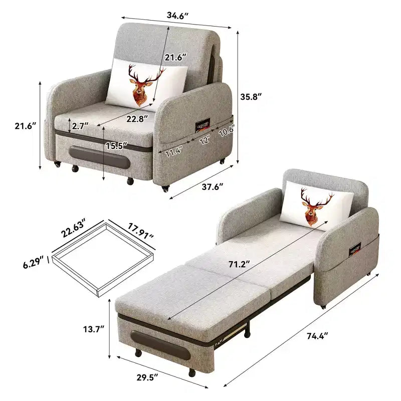 Fauteuil convertible 3-en-1 Gaoyangjiaju avec tiroir de rangement - Canapé-lit gigogne avec poche latérale et oreiller - Gris