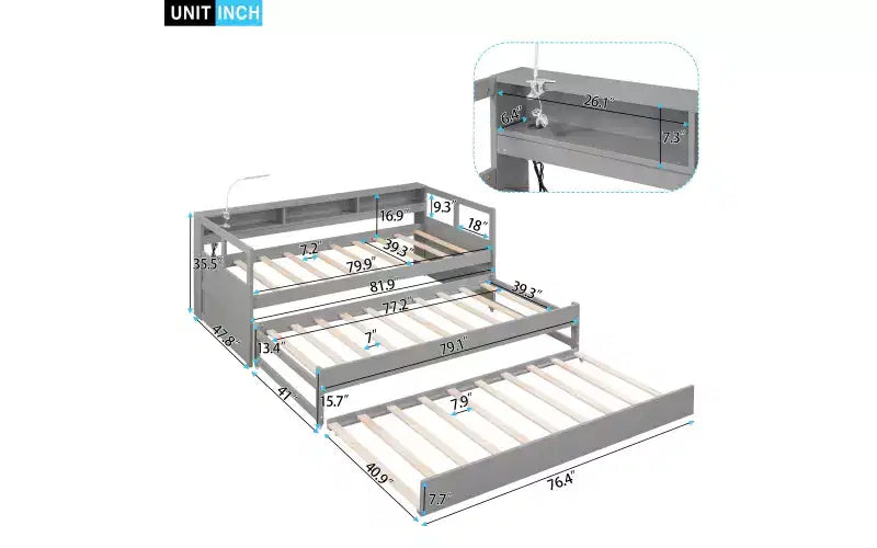 Lit de repos double XL Whisen en bois avec 2 lits gigognes, 3 compartiments de rangement, 1 lampe gratuite et port de chargement USB