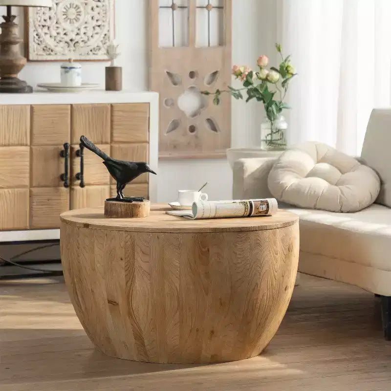 Table basse de rangement ronde et rétro en bois, adaptée au salon, à la salle à manger ou au bureau.
