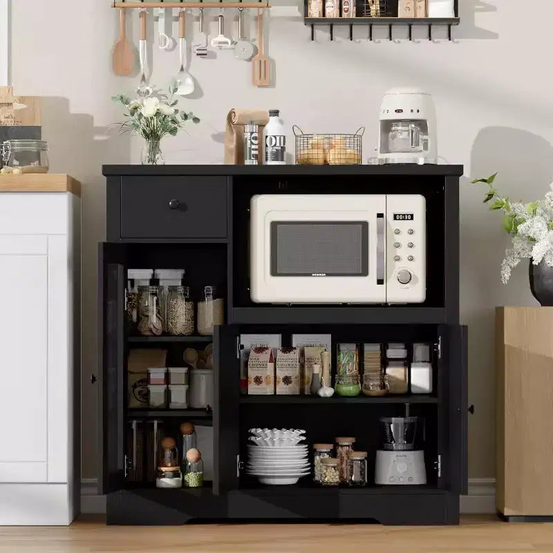 Meuble de rangement pour micro-ondes de cuisine avec 3 portes, 1 tiroir et étagères réglables, Armoire de rangement pour garde-manger