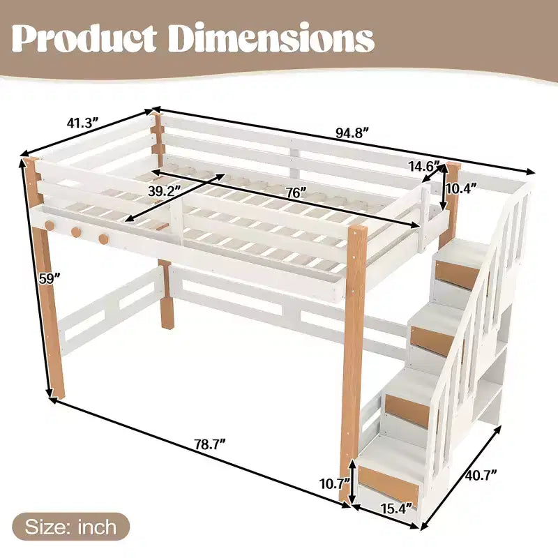 Lit mezzanine moderne avec crochet à vêtements, étagères de rangement et espace sous le lit