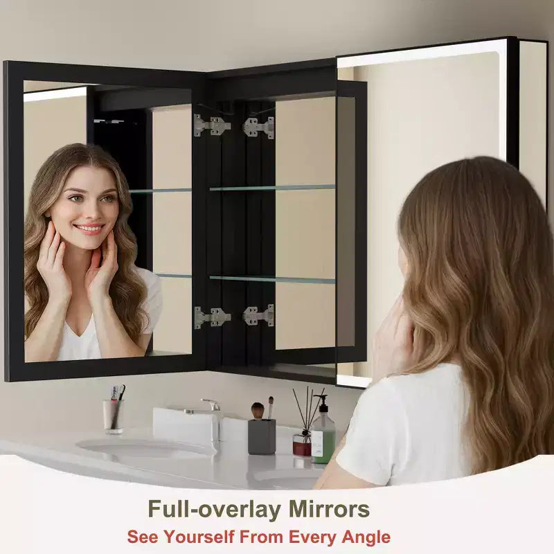 Armoire de toilette avec miroir LED, montage en saillie ou encastré, lumière dimmable, anti-buée, étagères réglables