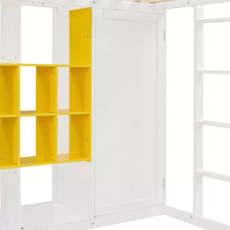 Lit mezzanine enfant avec armoire et étagères, Cadre de lit mezzanine en bois avec meuble de rangement pour enfants et adolescents