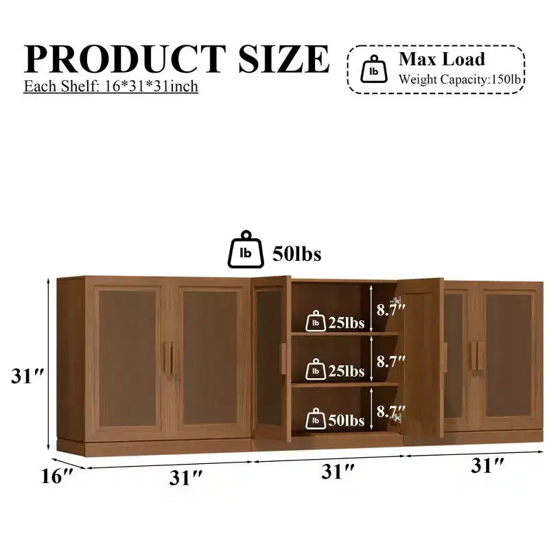 Buffet de rangement à portes en rotin 3 ensembles avec étagères réglables - 93L x 31H