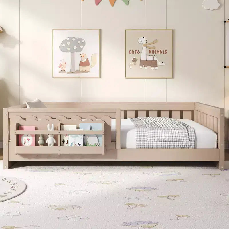 Cadre de lit plateforme pour enfant, tailles jumeau et double, avec barrière de sécurité, étagères intégrées et rangements