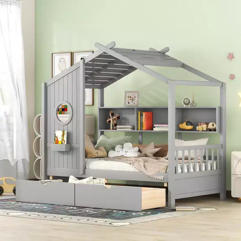 Lit cabane en bois double/complet avec 2 tiroirs, lit pour enfants avec étagère de rangement - ModernLuxe