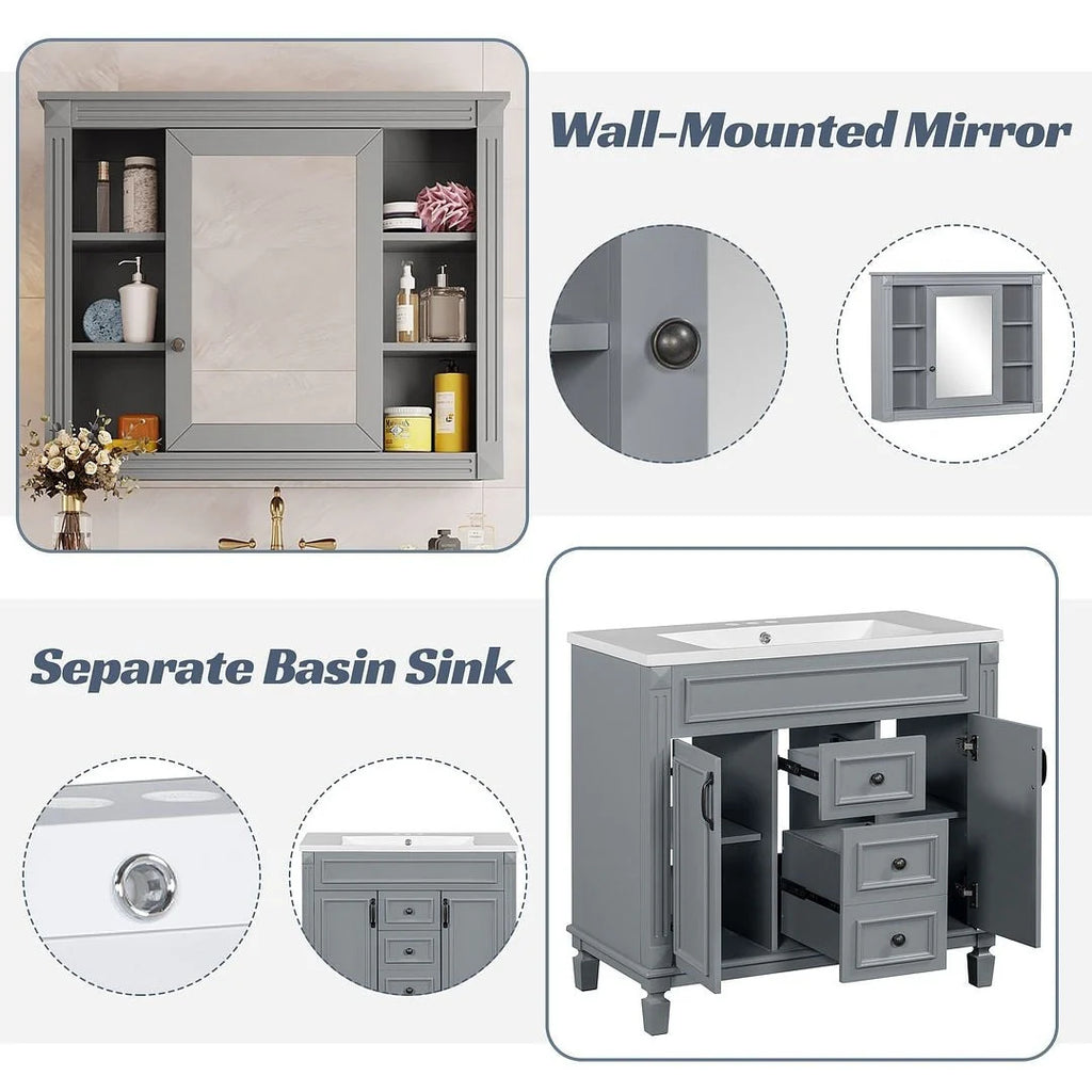 Meuble-lavabo de salle de bain moderne de 91 cm avec lavabo et armoire de toilette, 2 portes et 2 tiroirs