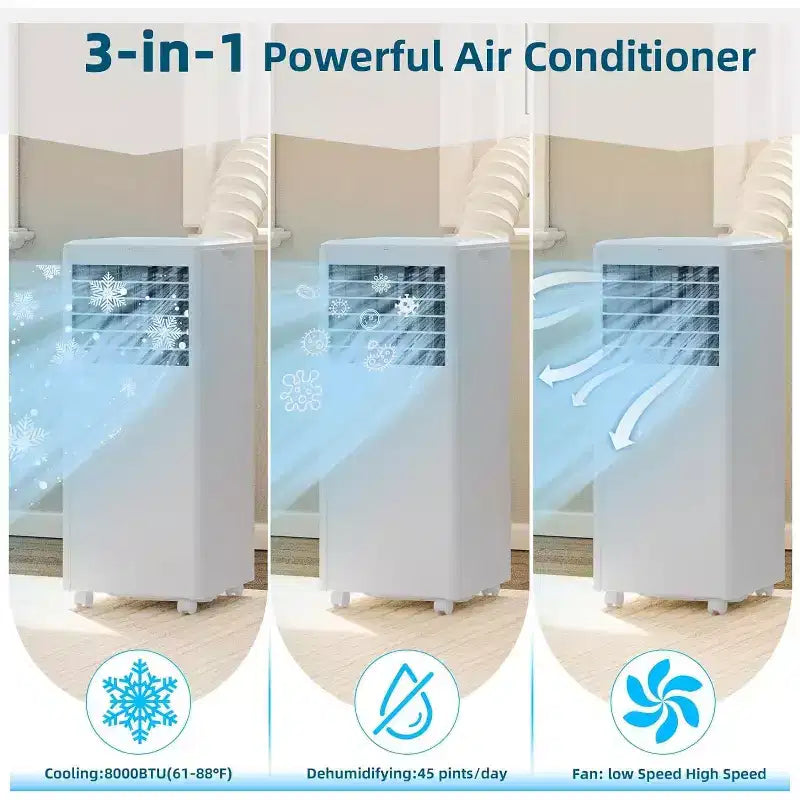 Climatiseur portable 8 000 BTU - 3-en-1 : refroidissement, déshumidificateur et ventilateur pour 32,5 m² avec mode nuit et garantie d'un an