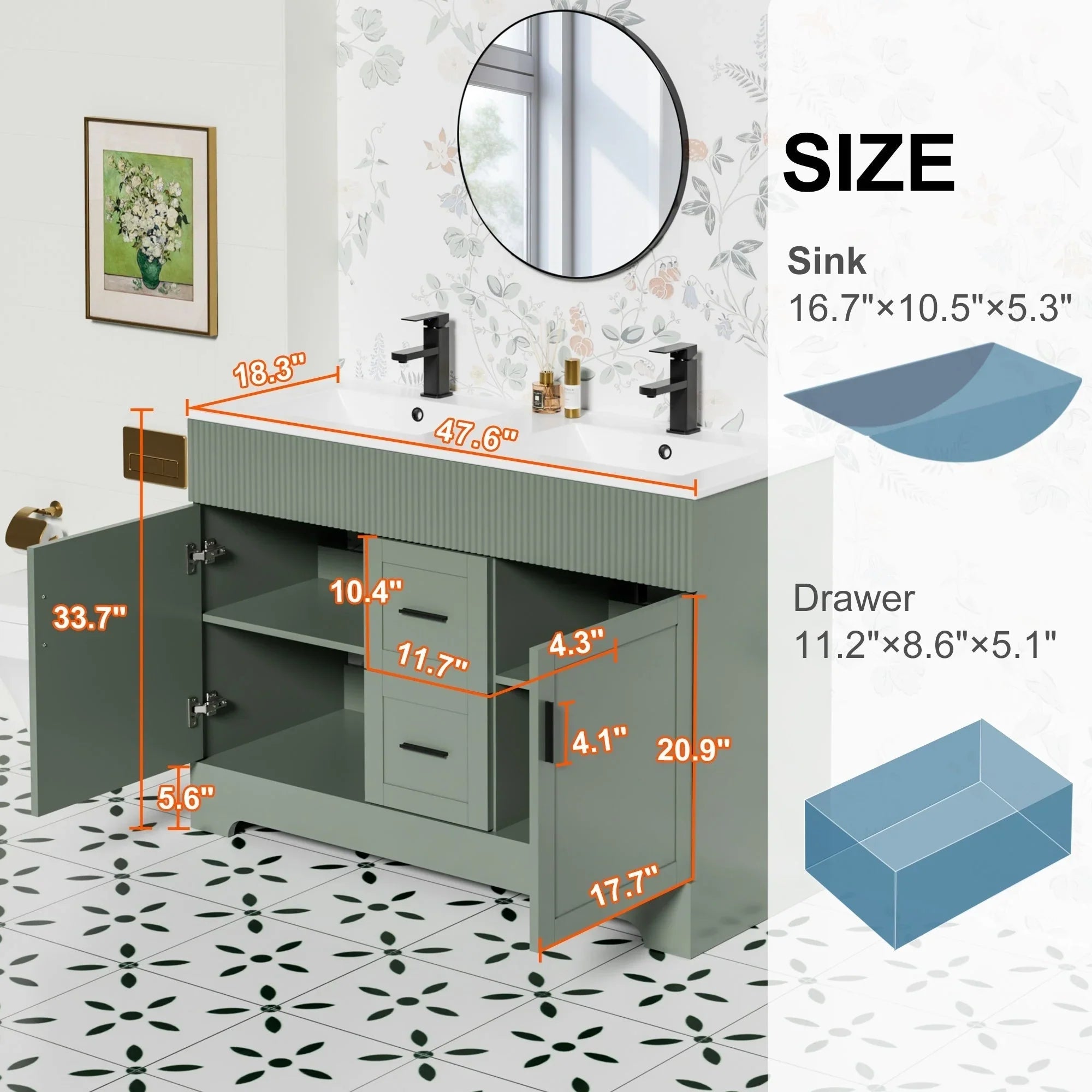 Meuble-lavabo de salle de bain Wavy Line 30/36/48 avec évier et robinet