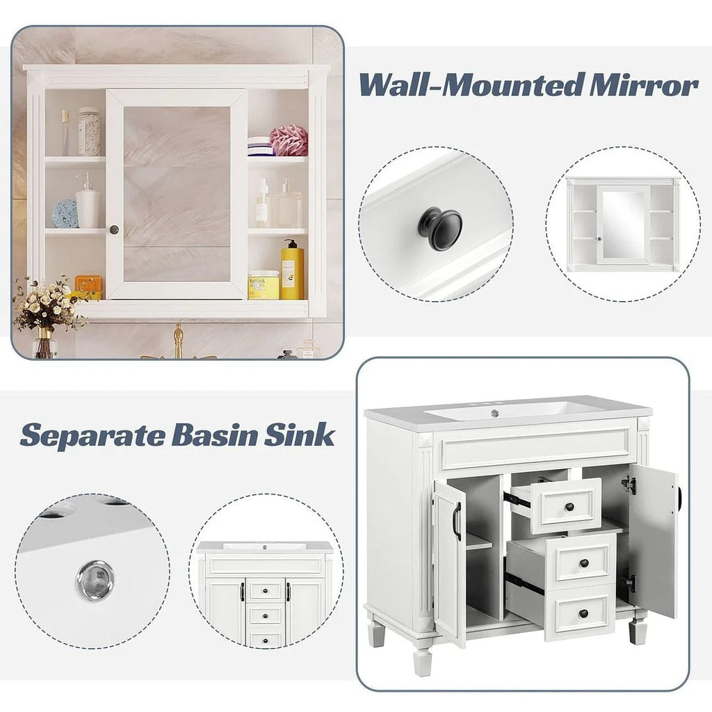 Meuble-lavabo de salle de bain moderne de 91 cm avec lavabo et armoire de toilette, 2 portes et 2 tiroirs