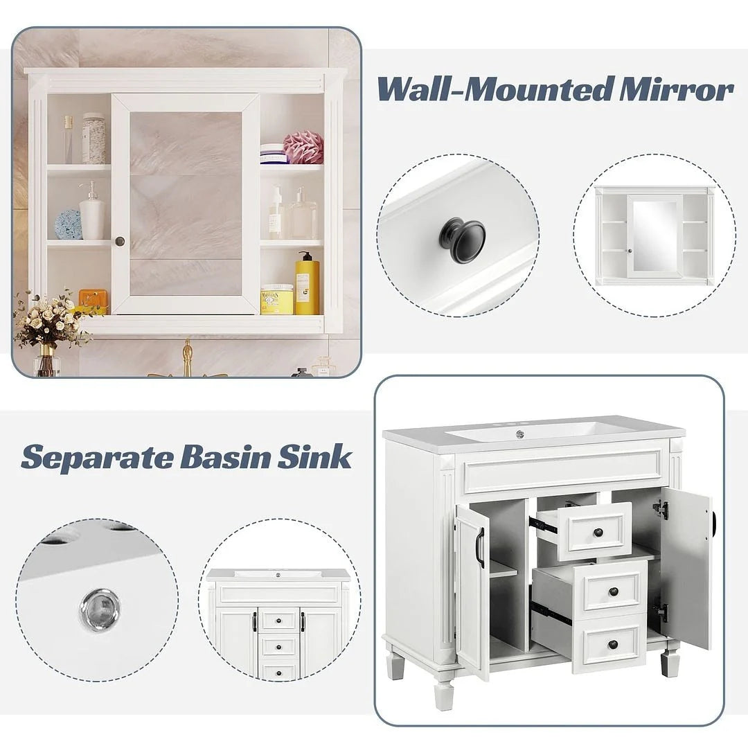 Meuble-lavabo de salle de bain moderne de 91 cm avec lavabo et armoire de toilette, 2 portes et 2 tiroirs