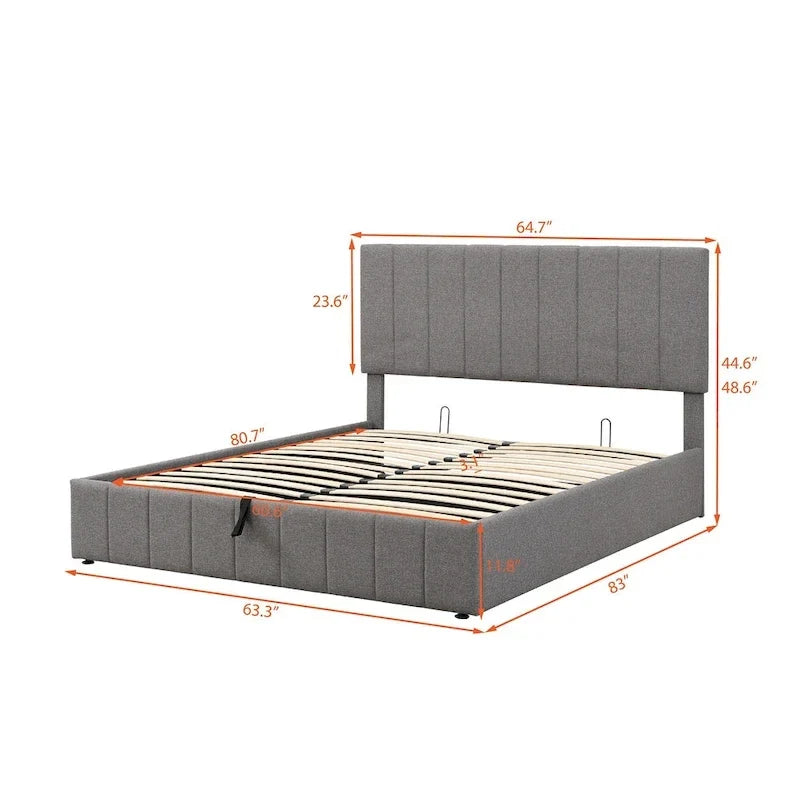 Lit plateforme rembourré Queen avec système de rangement hydraulique - Beige