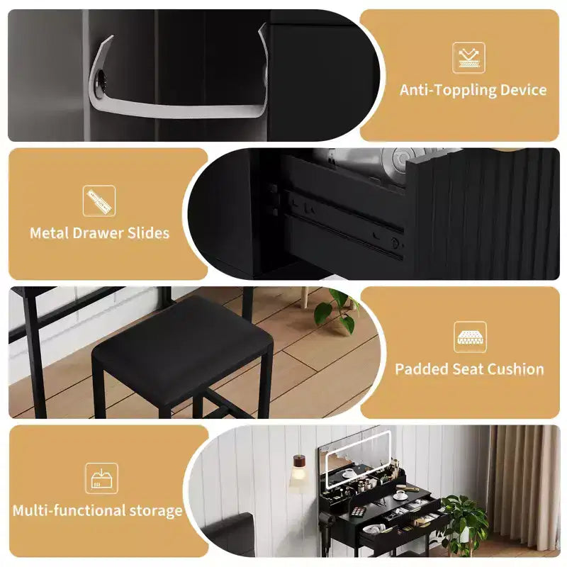 Coiffeuse avec miroir et lumières, miroir lumineux à LED, tiroirs de rangement spacieux pour produits cosmétiques et articles de toilette