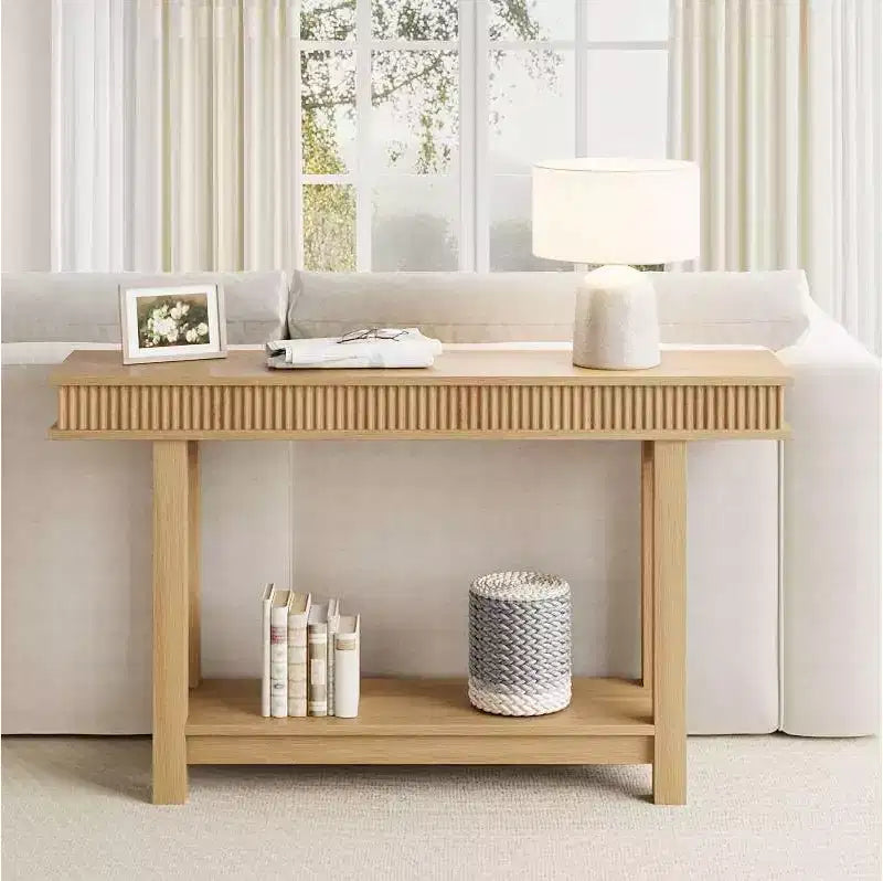 Console en bois cannelé de style campagnard, 2 niveaux avec étagère de rangement, table d'entrée rectangulaire étroite, derrière le canapé, pour hall d'entrée, couloir, salon