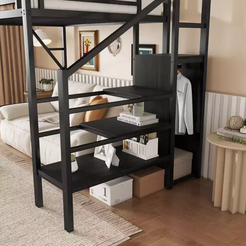 Lit mezzanine jumeau Okak 94IN avec armoire, lit jumeau avec étagères de rangement et panier, cadres de lit pour chambre à coucher, dortoir